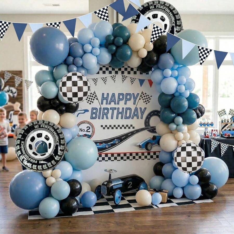 129pcs Blue Racing Car Theme Balloon Arch Set, Including Gray-Blue, Peacock Blue And Black Balloon Garlands, As Well As Plaid Balloons And Racing Flag, Suitable For Birthday Party, Gender Reveal Party, Baby Shower And Racing Theme Decoration - View 1