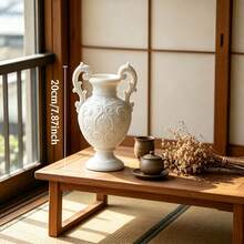3D Relief Double-Handled Plastic Vase, White/Black, Special Decorative Ornament For Dried And Artificial Flowers, Flower Arrangement Container For Living Room, Balcony, And Tabletop, Versatile Home Decor Vase With A Light Luxury Style - White - 查看 3