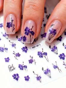 1pc Purple Floral Embossed Nail Sticker, Botanical Theme, Shiny Surface, Asymmetrical Shape, Suitable For Women Manicure, Pedicure, Holiday Decoration - Multicolor - View 1