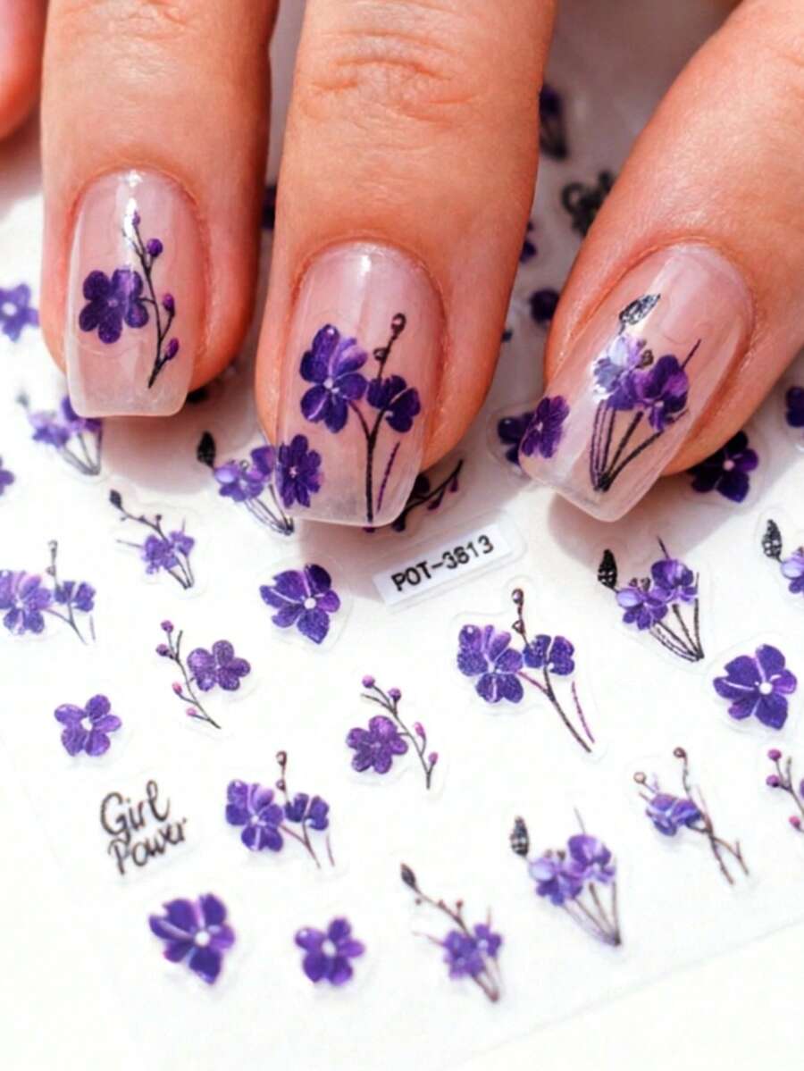 1pc Purple Floral Embossed Nail Sticker, Botanical Theme, Shiny Surface, Asymmetrical Shape, Suitable For Women Manicure, Pedicure, Holiday Decoration - Multicolor - View 1