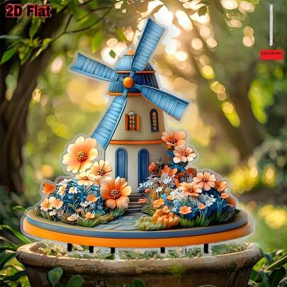 Biểu tượng cối xay gió và vườn hoa Hà Lan in phẳng 2D, trang trí ngoài trời bằng pha lê rực rỡ với thiết kế hoa lá, lý tưởng cho sân hiên, bãi cỏ hoặc chậu cây, món quà cưới và quà tặng ngày lễ hoàn hảo.