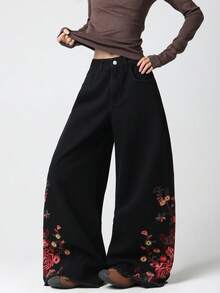 1 Stück Modische Damen Weite Bein Jeans mit Stickerei, Weite und bequeme Schlagjeans, vielseitig für alle Jahreszeiten (Gürtel/Accessoires nicht enthalten) Lässig Schwarz - Schwarz - Übersicht 1