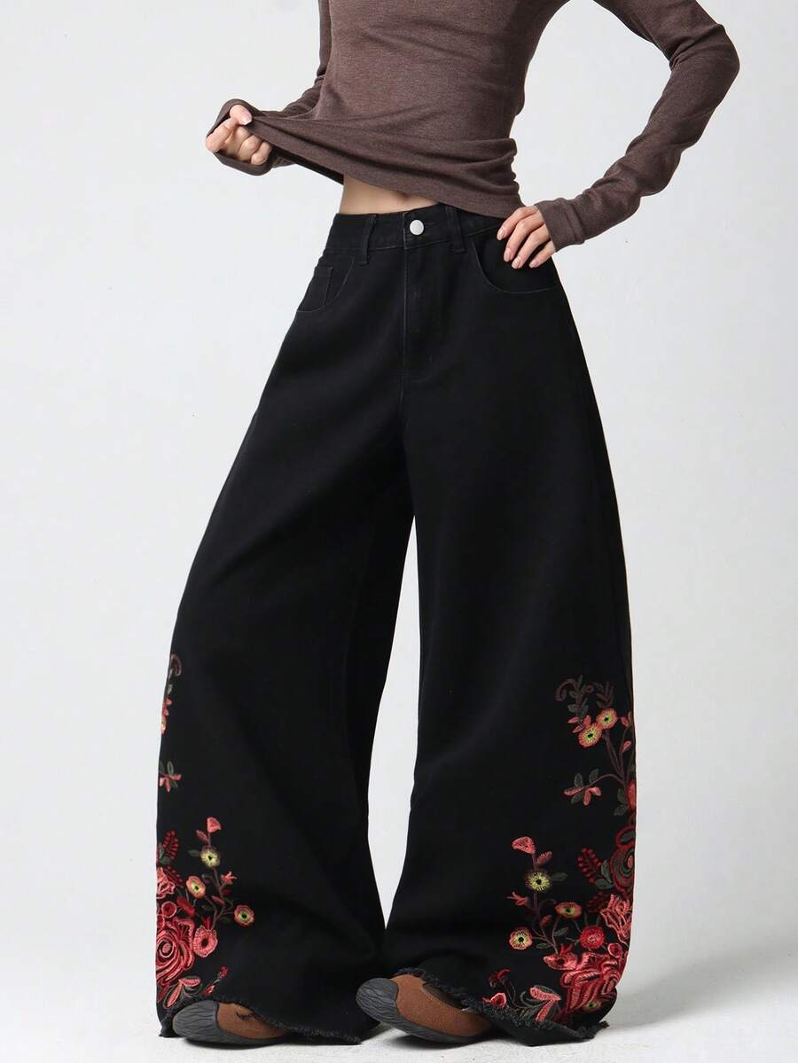 1 Stück Modische Damen Weite Bein Jeans mit Stickerei, Weite und bequeme Schlagjeans, vielseitig für alle Jahreszeiten (Gürtel/Accessoires nicht enthalten) Lässig Schwarz - Schwarz - Übersicht 1