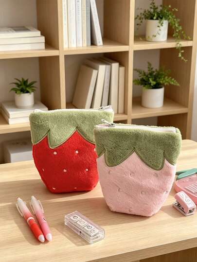 Hộp bút hình dâu tây dễ thương, kiểu dáng dọc, nắp gập, dung tích lớn, chất lượng cao, đựng bút chì cho học sinh.