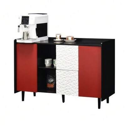 Sideboard/Display Cabinet, Black Storage Unit With Blue Doors, 2 Drawers With A Unique Panel Design And 2 Open Storage Compartments, Modern Coffee Bar Cabinet, Auxiliary Kitchen Cabinet