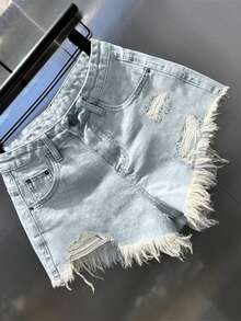 Hot Girl Retro Irregular Distressed Ripped Denim Short Pants With A Low-Waist Design, Featuring A Three-Piece Style And Being A Niche Hot Pant. - Light Blue - View 2