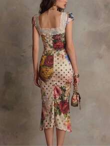 Women's Summer Vintage Floral Print Ruched Waist Stretchy Bodycon Midi Dress Elegant Slim Fit Party Evening Gown For Formal Event Date Night - Hoa - Xem 2