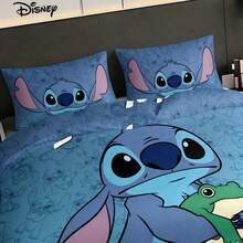 Bộ ga trải giường hoạt hình hình chú ếch Stitch của Disney, in hình màu xanh dương, gồm 3 món: vỏ chăn và vỏ gối, phù hợp cho mọi mùa, dành cho phòng ngủ gia đình. - Nhiều màu - Xem 3