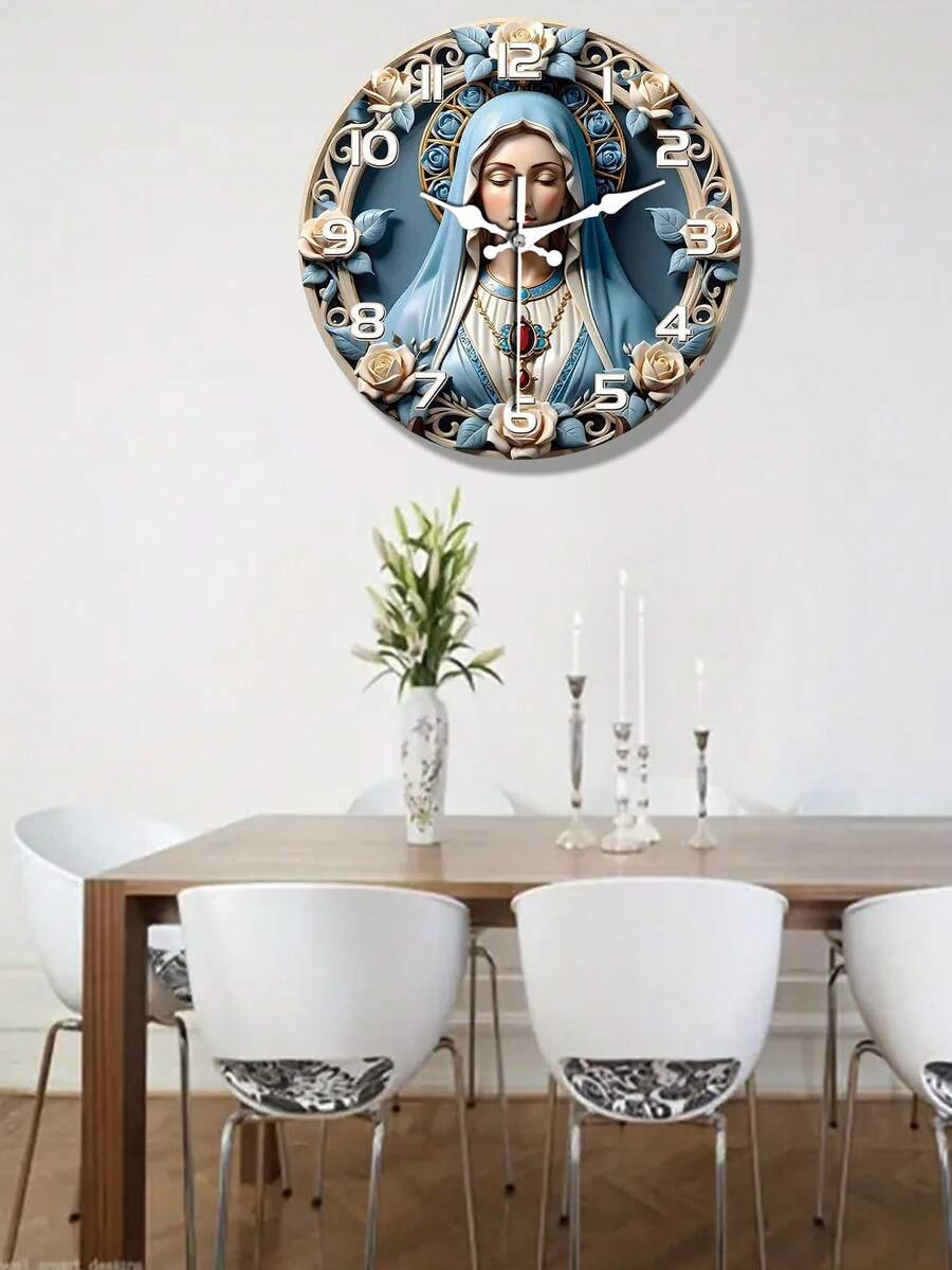 1pc Nativity Scene Silent Wall Clock - Wooden Christmas Decor With Mary, Joseph & Youngsters Jesus Design, Perfect Holiday Gift For Home Or Kitchen - Multicolor - View 1