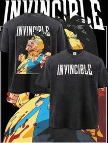Mens Clothes;Summer TopsMen Water Washed Streetwear Brand Street Style 100 Percent Cotton T Shirt Invincible Comic Character And Text Graphic For Casual Fits| Front And Back Print| Vintage Heavyweight Tee| Perfect Gift| Loose Comfortable Breathable| Machine Washable Fabric| Hip Hop Cool Style| Drippy Clothes| Y2Ksummer Outfits 6C86 - 黑色 - 查看 5