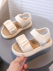 1 Pair Girls' Open Toe Sandals With Elastic Strap, Soft Sole, Comfortable Summer Princess Sandals, Casual Fashion Beach Sandals For Little Girls, Hook And Loop Closure, Lightweight Travel Fashion Sandals - Beige - View 3