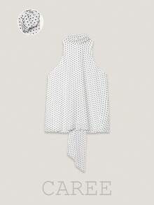 CAREE Women's Spring & Summer Vintage Polka Dot Tie Neck Halter Top - Black and White - View 1