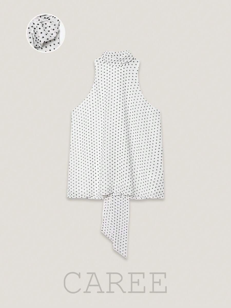 CAREE Women's Spring & Summer Vintage Polka Dot Tie Neck Halter Top - Black and White - View 1
