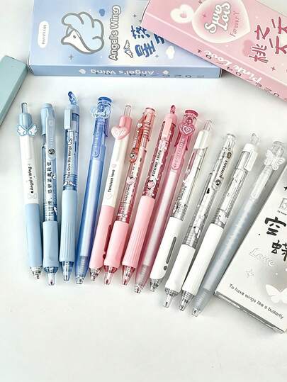 4支装，桃花图案浪漫少女心形按动笔，0.5mm笔尖，书写流畅速干，适合学生；流星天使翅膀人体工学按动笔，0.5mm笔尖，速干，适合学生；空心山蝴蝶中性笔，0.5mm笔尖，速干高品质闪光墨水，适合学生。