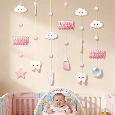 My First Tooth Party Children's Party Backdrop Wall Decor Set, Tooth Photo Props, Commemorative Banner & Flag