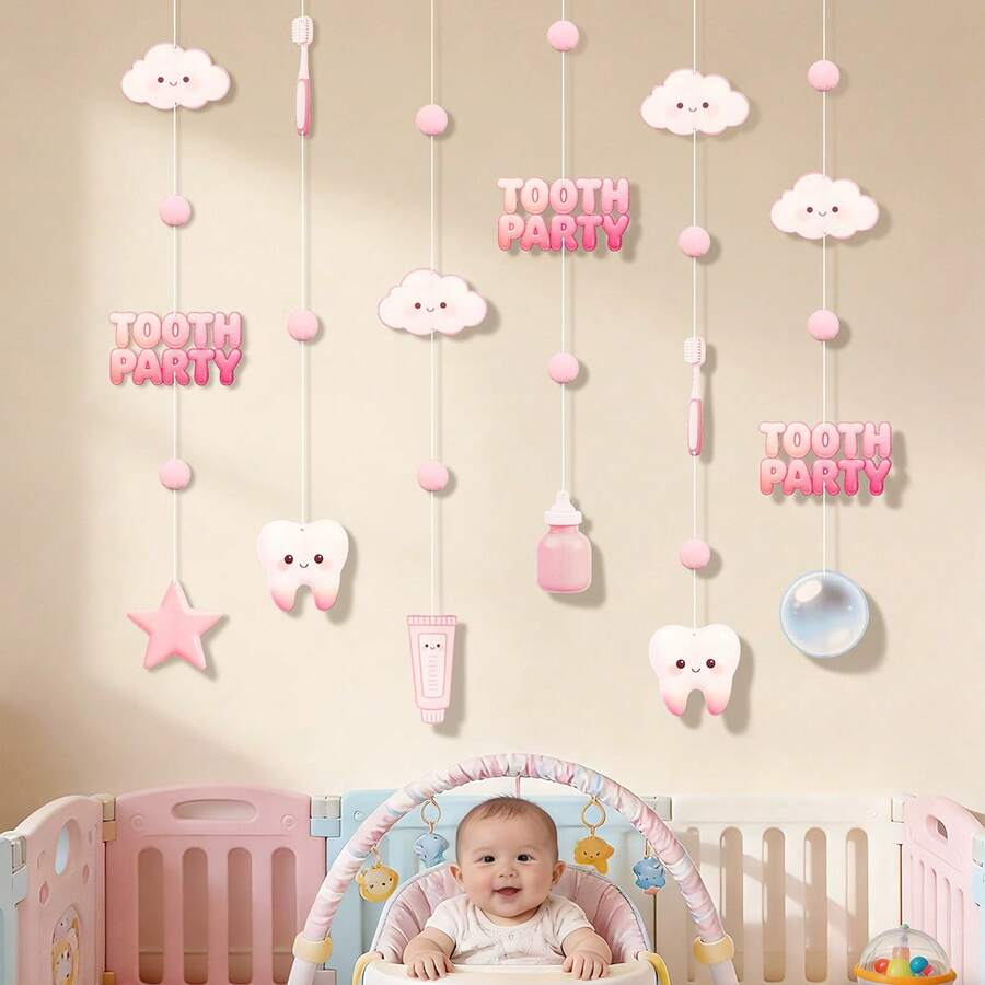 My First Tooth Party Children's Party Backdrop Wall Decor Set, Tooth Photo Props, Commemorative Banner & Flag - Multicolor - View 1