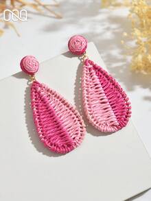 OOQ 1 Pair Handmade Boho Style Raffia Teardrop Earrings, Colorful Summer Holiday Party Music Festival Jewelry, Versatile Daily Wear Gift For Women (Handcrafted Raffia Weaving, Shape & Direction Random) - Pink - View 3