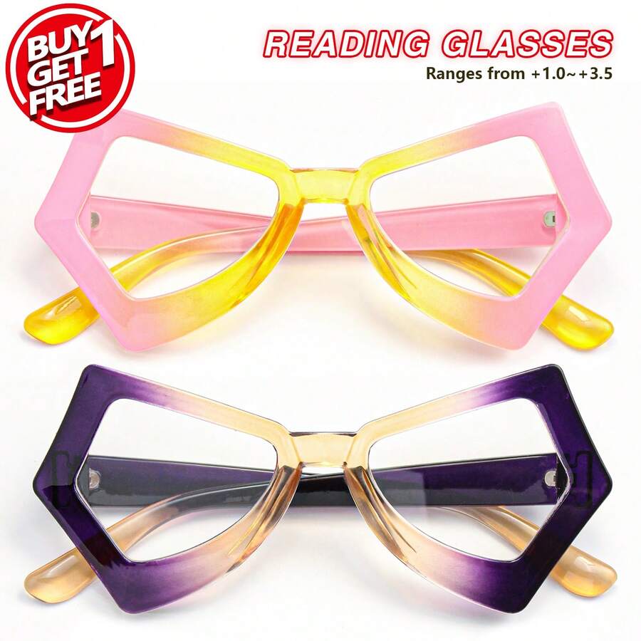 2pcs Ombre Geometric Cat Eye Reading Glasses, Women's With High-Definition Lenses, Suitable For Daily Wear And Gatherings - Pink+Purple - View 1