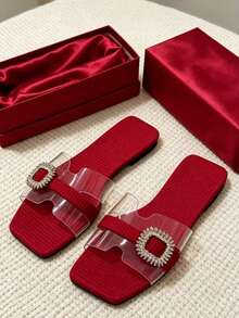 Women's Square-Toe Clear Strap Slide Sandals With Rhinestone Buckle, Elegant Flat Design For Summer Vacations & Daily Outfits - Red - View 5