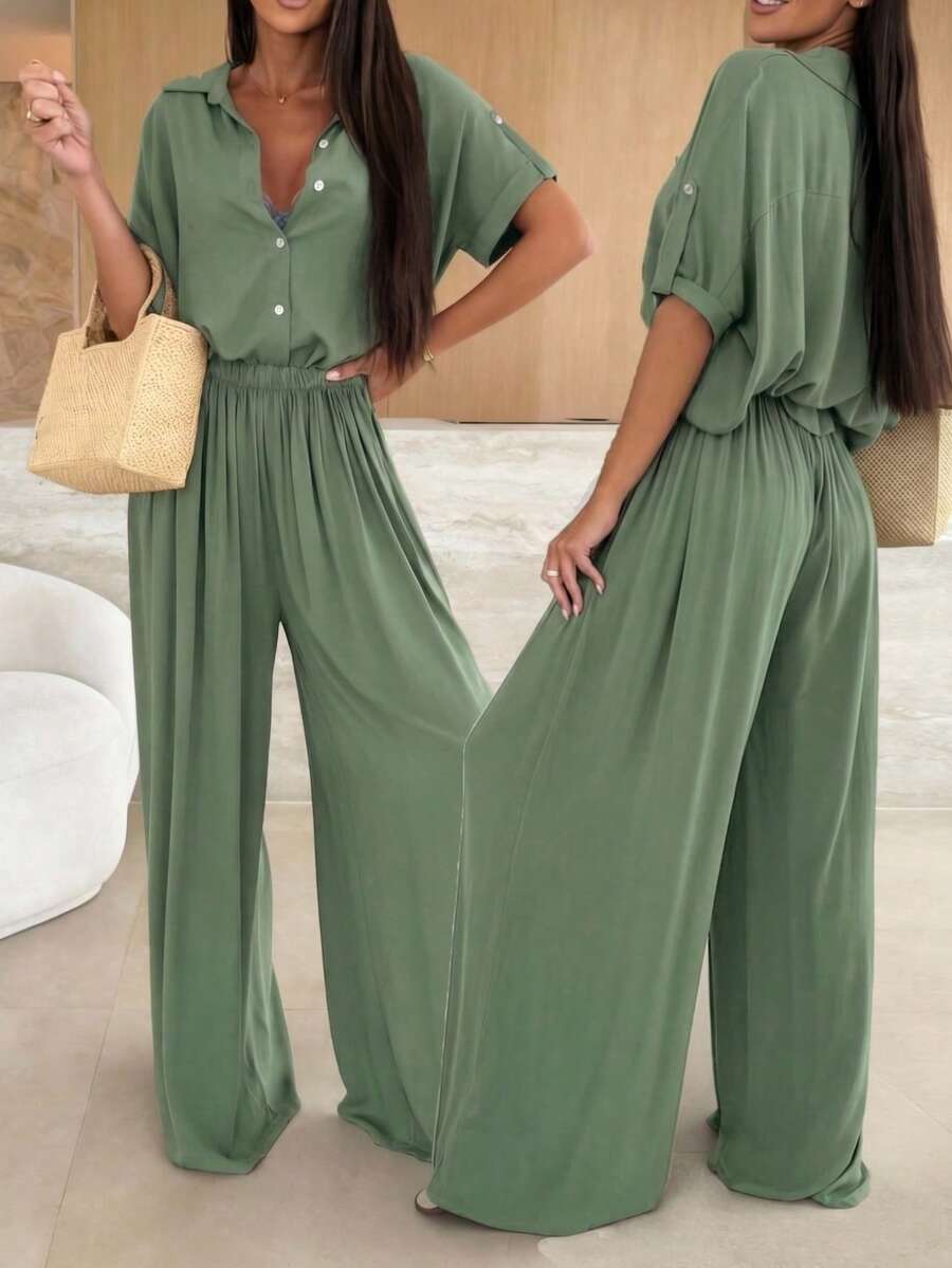 Women's 2 Pieces Set, Elegant Office Wear, Loose Batwing 3/4 Sleeve Blouse And Relaxed Straight Elastic Waist Pants, Spring/Summer