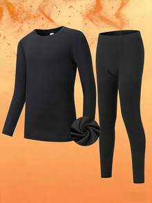 8-12岁女童保暖内衣套装（身高120-160cm） - 圆领长袖上衣和裤子，黑色 | 抓绒内衬，超级保暖透气 | 修身剪裁，适合居家、上学、滑雪 | 防静电速干 | 冬季/圣诞节必备 - 黑色 - 查看 3