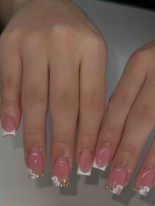 10pcs Handmade French Style Sweet Pink 3D Bow Gold Rhinestone Reusable Full Cover False Nails, Suitable For Dates, Daily Wear, And Gifts For Women And Girls - Baby Pink - View 2