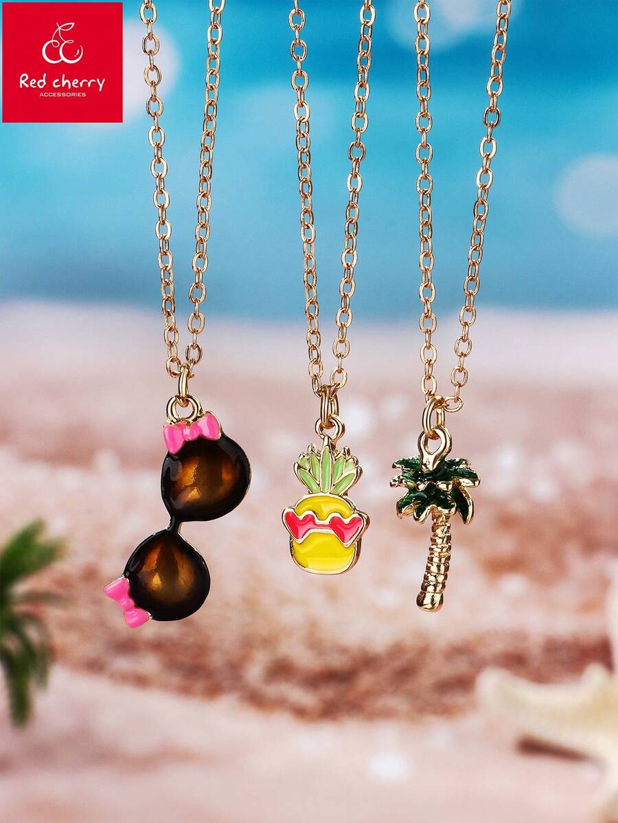 Bộ 3 món đồ chơi trẻ em hoạt hình dễ thương phong cách Boho đi biển, kính mắt, dứa và dây chuyền mặt hình cây dừa, thích hợp để đeo hàng ngày, làm quà tặng, lễ hội. - Nhiều màu - Xem 1