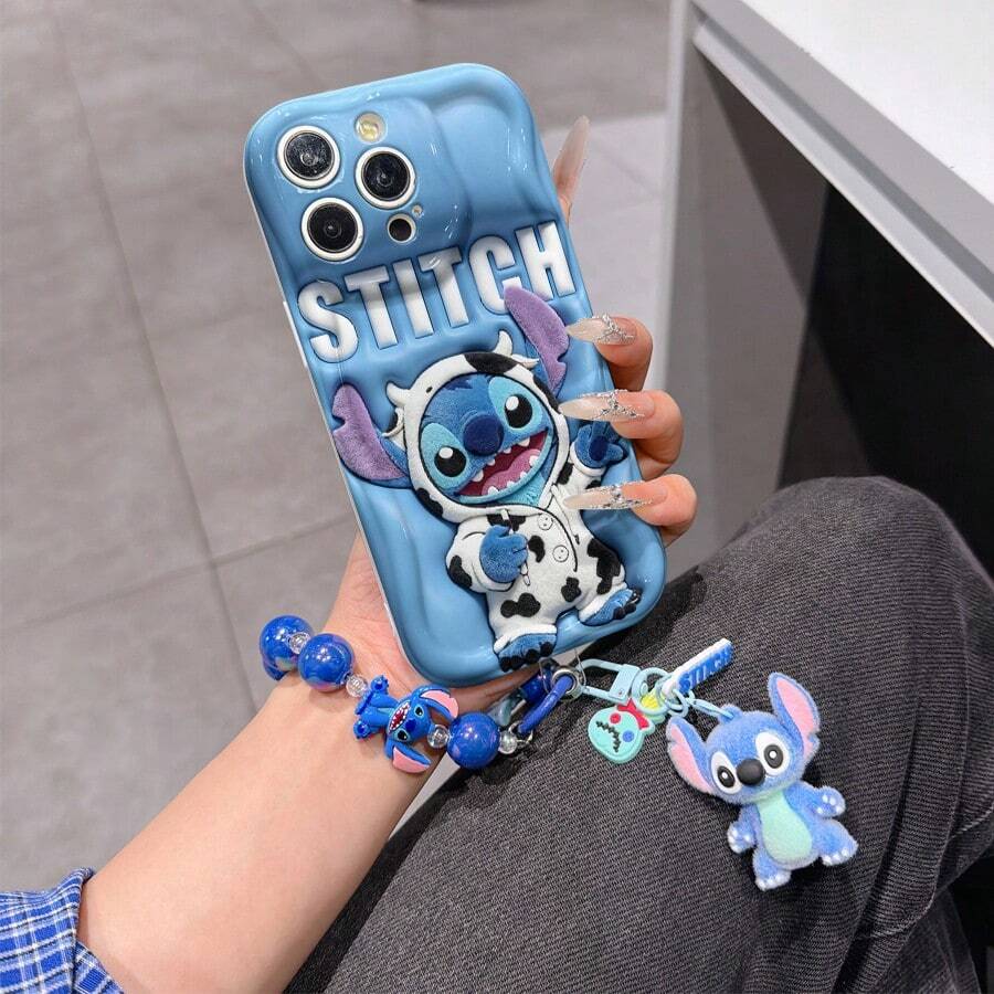 Disney Has Authorized, Phone Case - Chain Set, The Stitch Lilo & Stitch 3D Phone Case Plus A Silicone 3D Stitch Bracelet With Metallic Ring Removable Bracelet, Stitch And Angel Pattern, Compatible With Iphone 17/16/15/14/13/12/11/XS/XR/X Plus Pro Max, A Stylish Cartoon Phone Case, The Perfect Gift Choice, Phone Protection, Durable Phone Cover, Great Gift For Friends And Family - 白色款式B - 查看 1