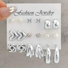 Bộ 18 khuyên tai hình trái tim thanh lịch cổ điển, khuyên tai hình học chéo tối giản, khuyên tai ngọc trai giả, thích hợp đeo hàng ngày và dự tiệc, quà tặng sinh nhật tinh tế cho bé gái - Bạc - Xem 4