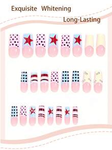 24pcs Y2K Red Star Polka Dot Silver Bead French Manicure Full Cover False Nails, Add Romantic Vibe, Suitable For Summer, Includes 1 Adhesive Sticker And 1 Mini Nail File, Random Delivery - Multicolor - View 3