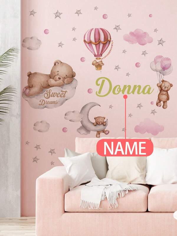 1PC Custom Name Wall Stickers, Personalized Removable Self-Adhesive Wall Decals With Sleeping Bear/Moon/Star/Hot Air Balloon Patterns For Kids Bedroom Nursery Living Room Decor, Peel And Stick Customizable Wall Art For Baby Room, Customizable Name Wall Decoration Gift For Boys Girls, Room Decor