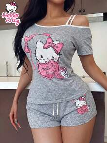 SANRIO مجموعة بيجامة للنساء بطراز هالو كيتي، ملابس علوية بأشرطة فريدة وأكمام قصيرة وشورت بخصر رباط - رمادي - مشاهدة 4