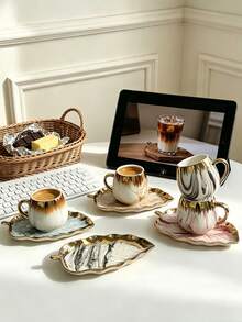1/4 Sets 90ml Gold Rim Gradient Ceramic Cup & Saucer With Leaf Tray, European Luxury Coffee Mug Set With Leaf-Shaped Saucer.For Espresso Cup,Latte,Tea, Ideal For Afternoon Tea, Party,Wedding,Home Decor,Gift For Birthday,Easter,Back-To-School,Easter - Multicolor - View 6