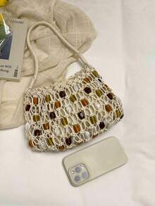 (28cm*18cm*3cm) Women's Shoulder Bag For Beach Vacation, Knitted Bag, Handmade Crochet, Minimalist Hollow-Out Design, Beaded Decor, Lined, Minimalist Handbag, Large Capacity, Meets Daily Needs, Underarm Bag - Multicolor - View 3
