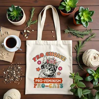 1 chiếc túi tote ủng hộ nữ quyền và mèo, họa tiết hoa cổ điển với hình mèo và khẩu hiệu, bền, có thể gấp gọn, phù hợp cho đi làm, đi học, mua sắm, túi đeo vai bằng vải canvas cá nhân hóa.