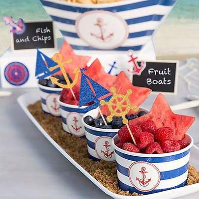 4pcs Nautical Theme Cupcake Toppers Set, Includes Golden Anchor, Ship Rudder, Sailboat Cake Decorations, Suitable For Birthday, Beach Party, Ocean Theme, Home Party Cake Decor