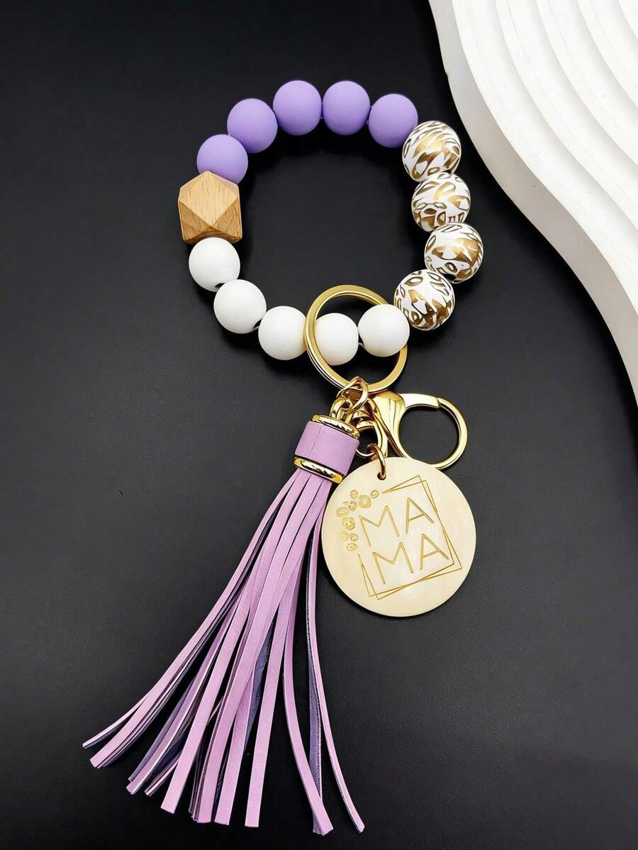 1pc Printed Wooden Bead Bracelet Wristlet Keychain, MAMA Creative Beaded Tassel Keyring, Bag Charm Accessory, Women Keychain Gift For Friends & Family - 613-purple - View 1