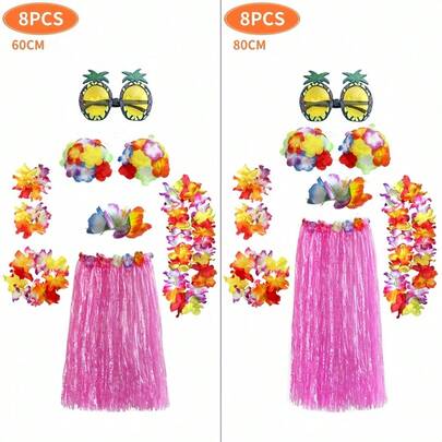 8pcs/Set Hawaiian Grass Skirt Dance Costume, Flower Headband, New Summer Beach Party Outfit, Carnival Costume,Beach Clothing Outfits,Summer Accesstories