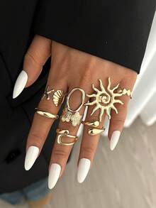 8pcs Vintage Elegant Bohemian Style Metal Sunflower, Starfish, Shell, Water Drop Rings, Suitable For Women's Daily, Party, Beach, Date, Holiday, Gift, Versatile For All Seasons - Gold - View 2