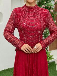 JINLICX Burgundy High Neck Beaded Sequin Formal Maxi Evening Dress - Burgundy - View 7