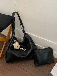 1 pieza Bolso de mano de unicolor de PU con dije desmontable de oso, bolso de hombro de gran capacidad, adecuado para trabajador de oficina/estudiante para uso diario - Negro - Ver 2