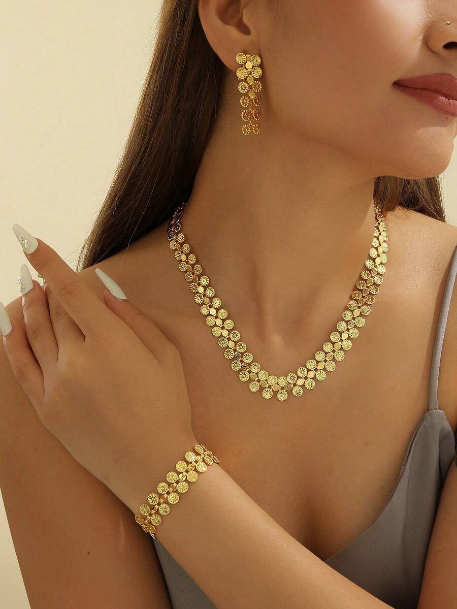 3件套奢华时尚金属小花项链、手链和耳环首饰套装，适合女士日常佩戴 - 彩色 - 查看 1