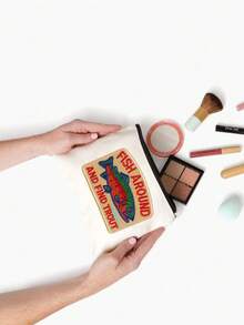 2D鱼群图案鳟鱼钓鱼化妆包，趣味钓鱼印花拉链化妆品收纳包，手提旅行洗漱包，可折叠轻便收纳袋，零钱包，拉链手拿包，化妆品收纳包 - 彩色 - 查看 12