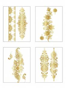 4 Sheets Glitter Hand Temporary Tattoos Gold Henna Tattoos Metallic Hand Tattoo Mandala Stickers For Body Makeup Performance Summer Travel Beach Rave Accessories Wedding Party - Gold - View 3