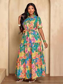 BIUBIU Damen Große Größen Maxi Kleid mit tropischem Blume Muster, Kurzarm, Knopfleiste und Gürtel, modischer und eleganter Sommerstil für den Urlaub - Farbe - Übersicht 4