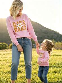 Mommy And Me Matching Outfits Christmas/Halloween Matching Sweatshirts Mama/Mini Letter And Bowknot Embroidery Long Sleeve Crewneck Pullover Shirt Blouse Top Mom And Daughter Matching Holiday Party Clothes - 西瓜粉 - 查看 2