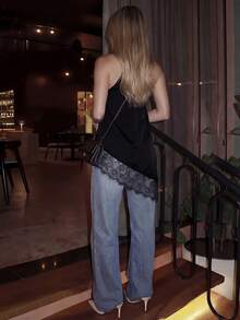 Áo hai dây nữ phối ren, thiết kế không tay bằng satin thanh lịch, phù hợp cho công sở, hẹn hò và các dịp khác, màu đen thường ngày. - màu đen - Xem 2