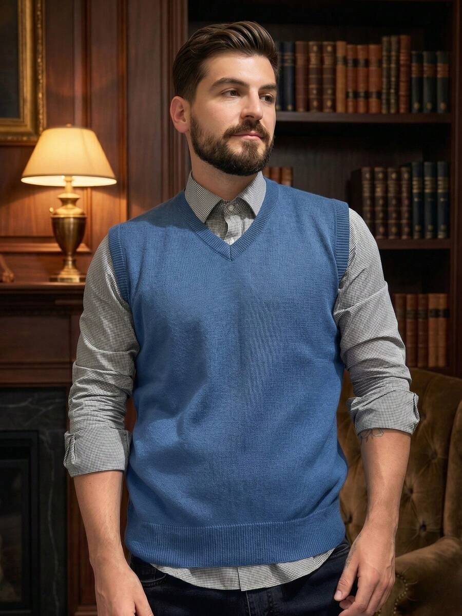 Men's Knit Pullover Vest With V-Neck, Classic Premium Comfortable - Blue Jeans - View 1