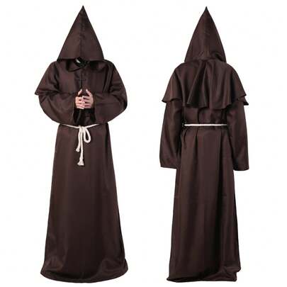 Medieval Hooded Monk Robe Costume, Unisex Halloween Wizard Priest Cape With Drawstring Belt For Cosplay Renaissance Party