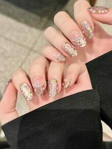 10pcs Short Oval Handmade Nail Stickers, Suitable For Party And Daily Wear, Light Purple Nail Stickers, French Glass Bead Cat Eye, Hand-Painted Pearl Floral, Luxurious Noble Style, Sparkling And Eye-Catching, Easy To Wear. 10pcs Y2K Style Handmade Nail Stickers, Summer Style, Suitable For Girls And Women Holiday Party And Daily Wear Nails - Mauve Purple - View 3